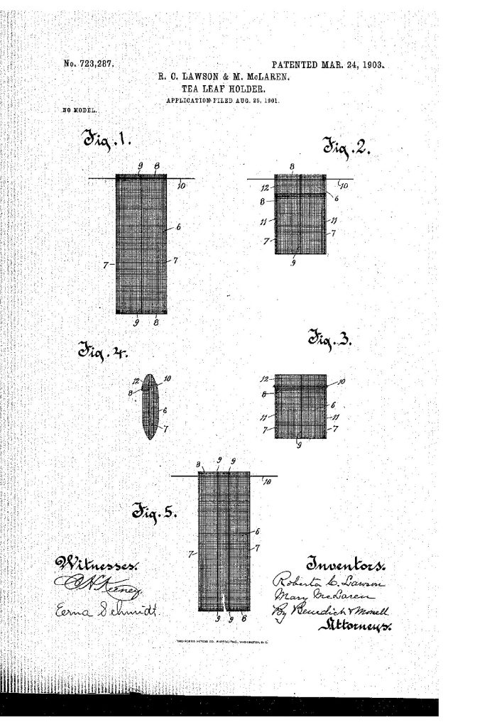 Listki herbaty - rysunek z wniosku patentowego Roberty C. Lawson i Mary Mclaren