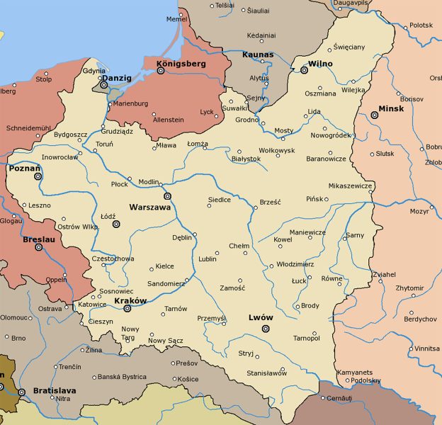 Mapa Polski po ostatecznym ukształtowaniu granic w 1923 roku