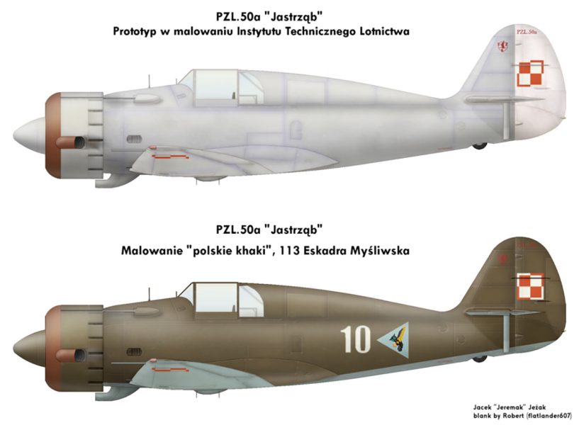 Rysunki PZL.50 Jastrząb w różnych malowaniach (prototyp nigdy nie otrzymał kamuflażu)