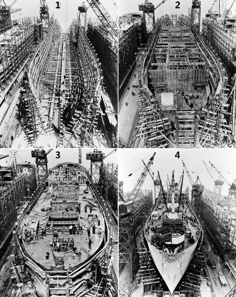 Statek typu Liberty podczas budowy: 1. Dzień 2, położenie stępki, 2. Dzień 6, grodzie, 3. Dzień 14, górny pokład, 4. Dzień 24, statek gotowy do wodowania