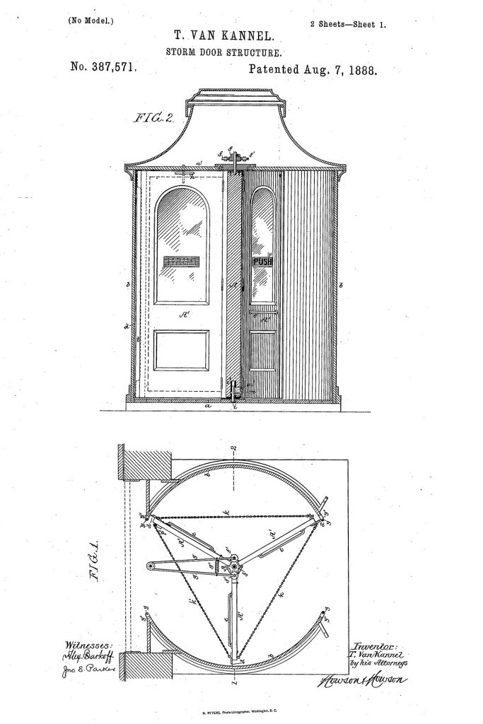 US patent 387,571 Theophilusa Van Kannela dla drzwi obrotowych jego projektu